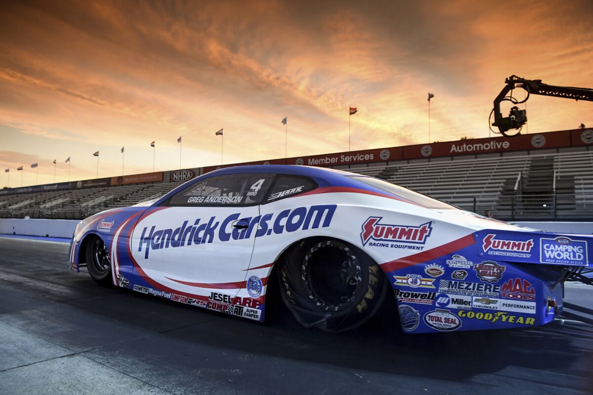 Greg Anderson is pictured in pro stock qualifying July 30, 2021, at Auto Club Raceway in Pomona.