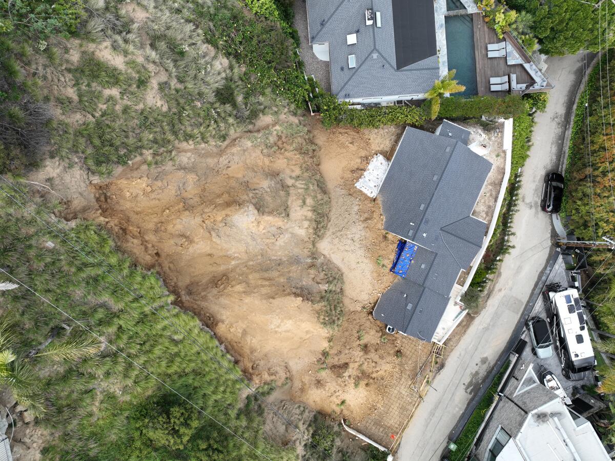 An aerial view where recent heavy rains led to a hillside collapsing in Hollywood Hills.