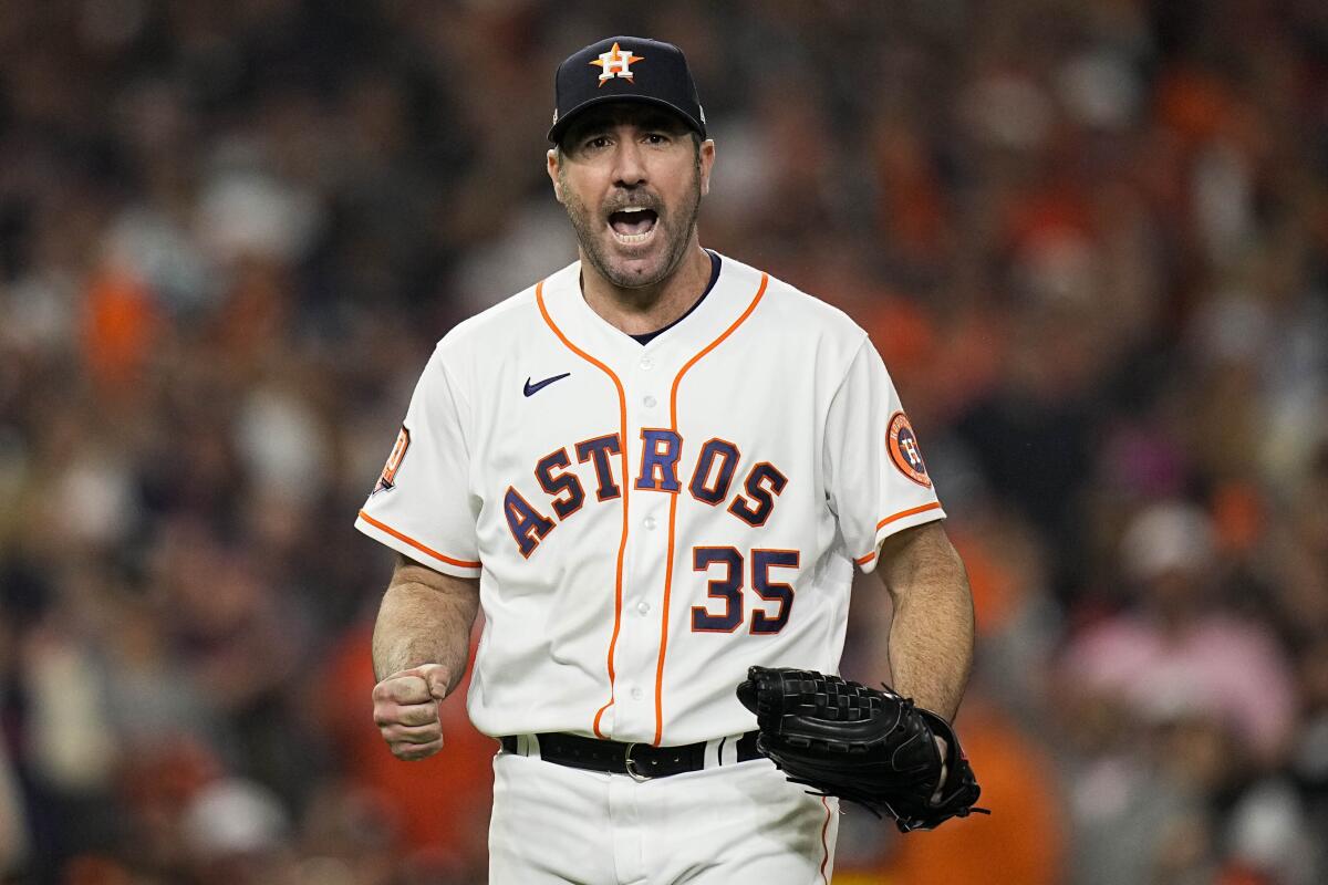 Houston Astros starting pitcher Justin Verlander celebrates the third out during the sixth inning.