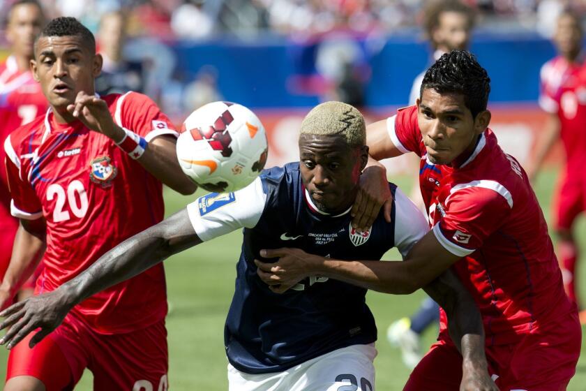 U.S. forward Eddie Johnson tries to get past Panama defender Carlos Rodriguez, right, during the CONCACAF Gold Cup final on Sunday in Chicago.