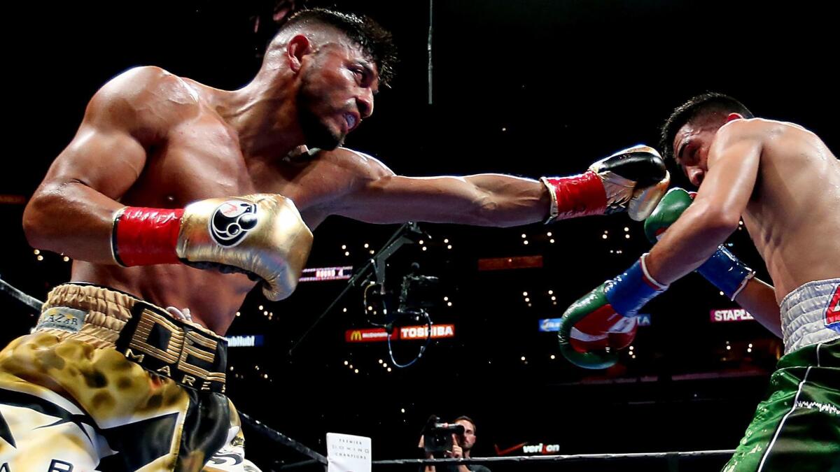 Abner Mares delivers a punch at Leo Santa Cruz during their August 2015 fight at Staples Center.