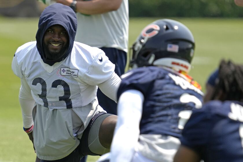 Chicago Bears defensive back Jaylon Johnson works on the field during NFL football practice in Lake Forest, Ill., Wednesday, June 7, 2023. (AP Photo/Nam Y. Huh)