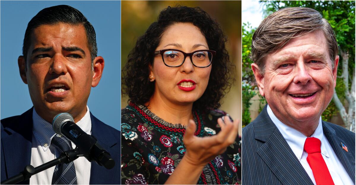 Portraits of Long Beach Mayor Robert Garcia, Assemblywoman Cristina Garcia and Republican John Briscoe.