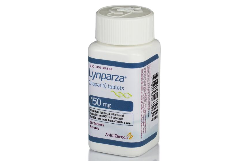 FILE - This image provided by AstraZeneca shows a bottle of the medication Lynparza. In a study released Thursday, June 3, 2021, by the American Society of Clinical Oncology, Lynparza was found to help breast cancer patients with harmful mutations live longer without disease after their cancers had been treated with standard surgery and chemotherapy. (AstraZeneca via AP)