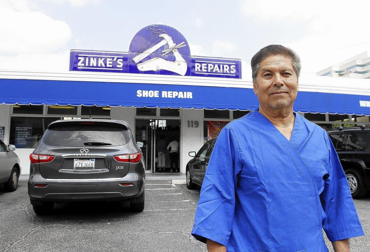 Zinke's Drive-In Shoe Repair owner Mike Ramirez at his store on the 100 block of W. California Ave. in Glendale on Friday, March 21, 2014. Zinke's is moving to Pasadena at the end of the month.