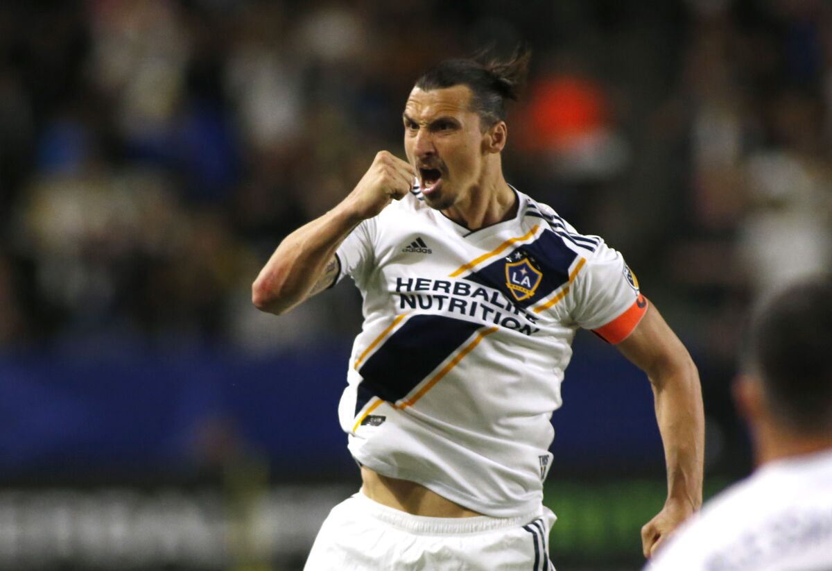 CARSON, CALIFORNIA - MARCH 31: Zlatan Ibrahimovic #9 of Los Angeles Galaxy celebrates a goal during the second half against the Portland Timbers at Dignity Health Sports Park on March 31, 2019 in Carson, California. (Photo by Katharine Lotze/Getty Images) ** OUTS - ELSENT, FPG, CM - OUTS * NM, PH, VA if sourced by CT, LA or MoD **