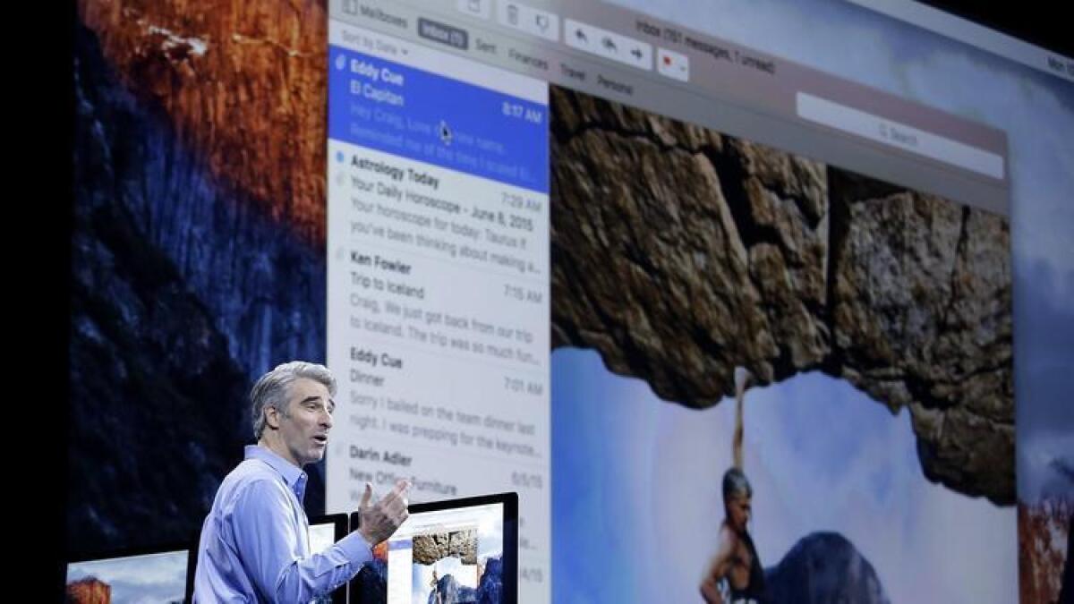 Craig Federighi, vicepresidente de ingeniería de software para Apple, habla sobre el sistema operativo El Capitan en la Conferencia Mundial de Desarrolladores de Apple realizada el lunes en San Francisco.