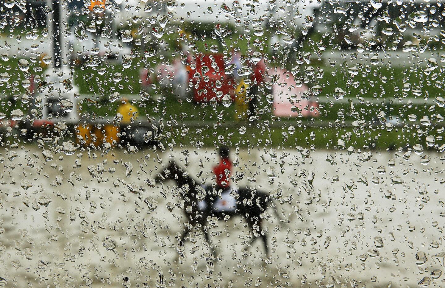 A horse moves along a muddy track during a rainy Saturday before the running of the 141st Preakness Stakes at Pimlico Race Course in Baltimore.