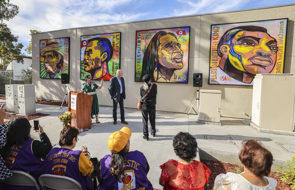 National City Mayor Alejandra Sotelo-Solis speaks during the dedication of a civil rights leaders mural.