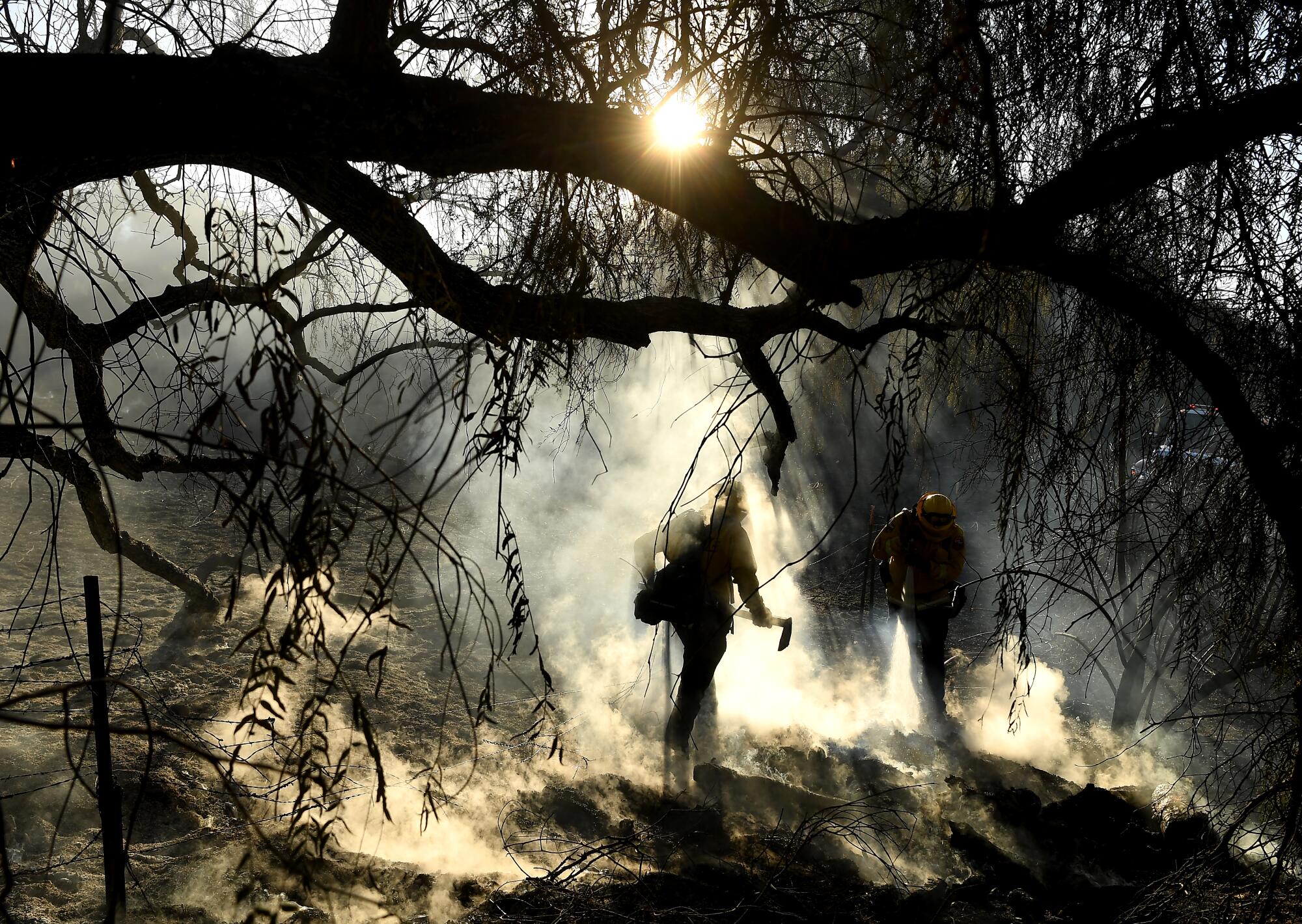 Firefighters carrying hand tools as smoke rises in a wooded area