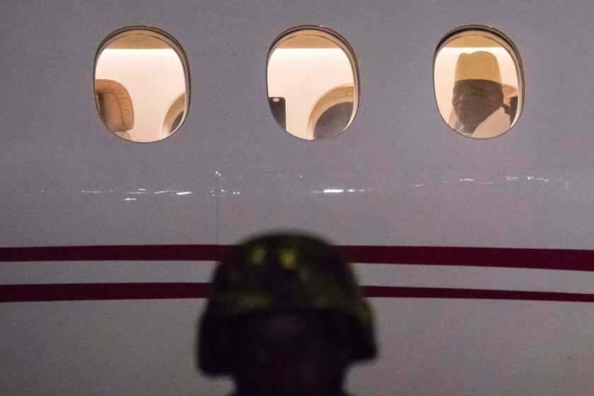 Yahya Jammeh, Gambia's defeated president, flew out of the country Saturday after trying to cling to power despite losing elections last month.