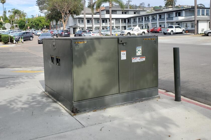 The utility box that could be wrapped in wayfinding material on the corner of Herschel Avenue and Silverado Street.