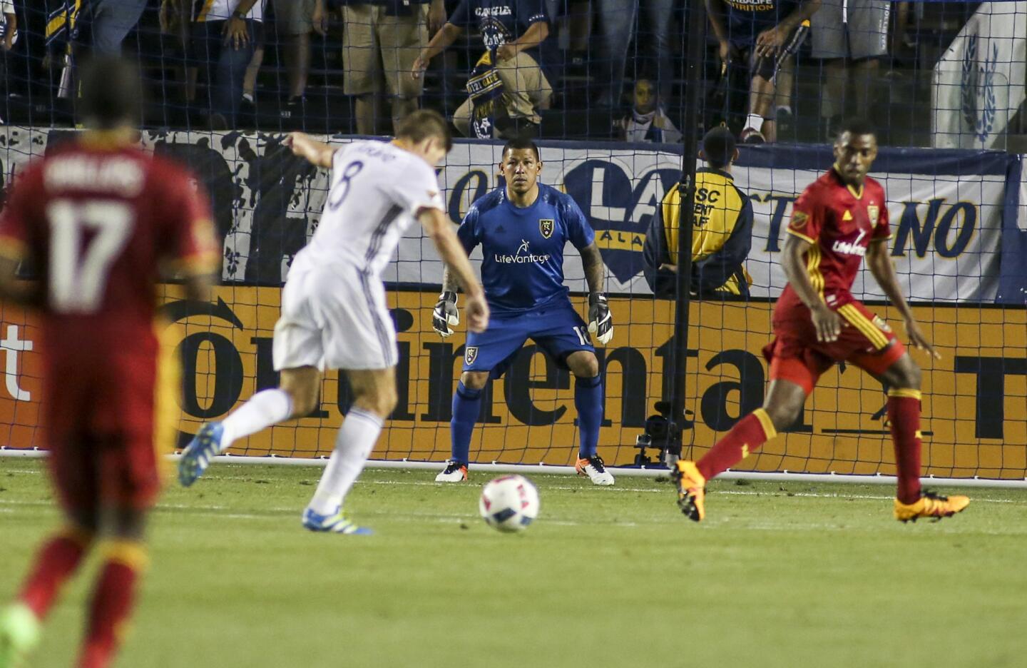 Real Salt Lake goalkeeper Nick Rimando (18) in actions against Los Angeles Galaxy in the second half of an MLS soccer game in Carson, Calif., Saturday, April 23, 2016. The Galaxy won 5-2. (AP Photo/Ringo H.W. Chiu)