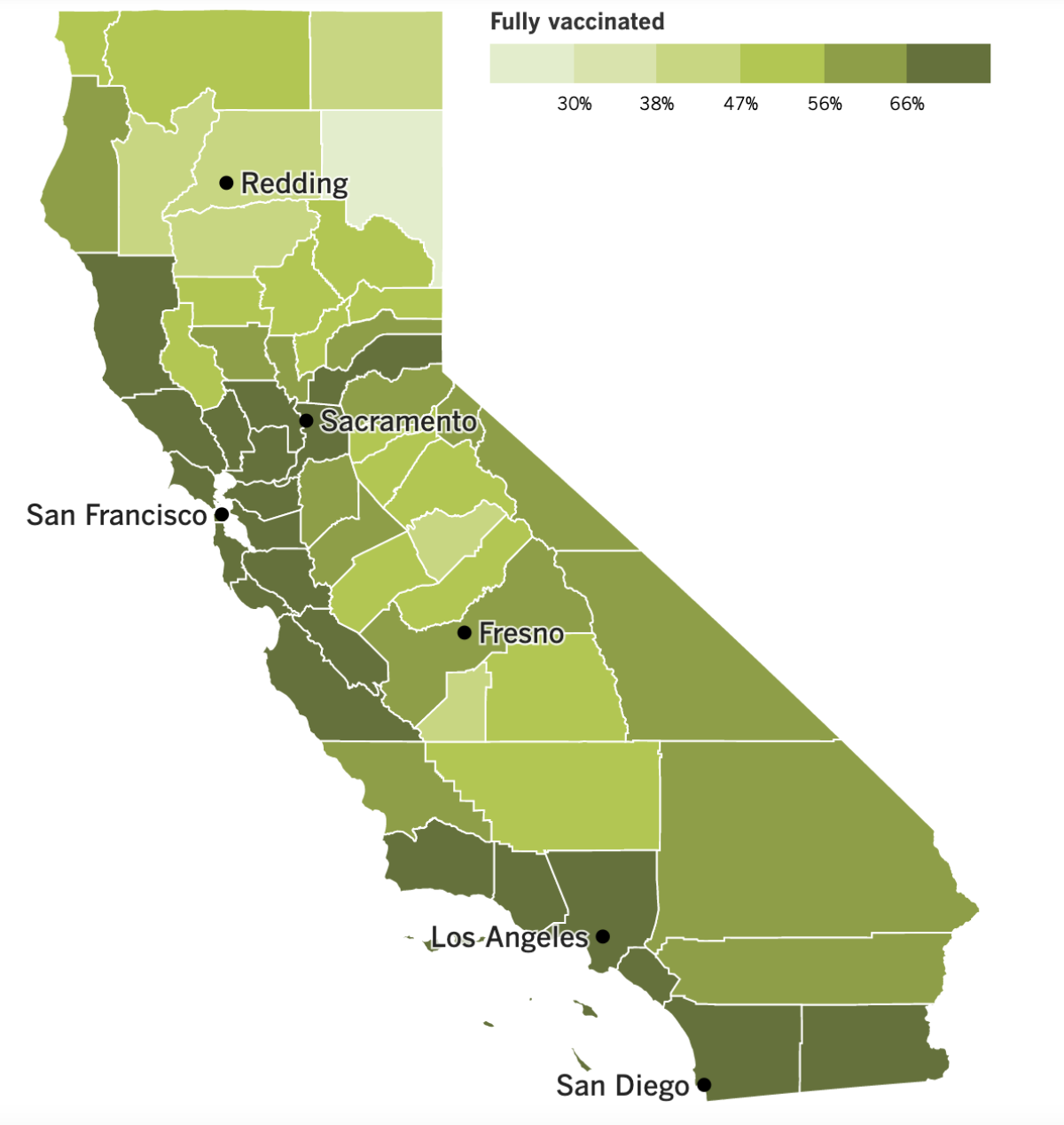 A map showing California's vaccination progress by county as of Feb. 22, 2022.