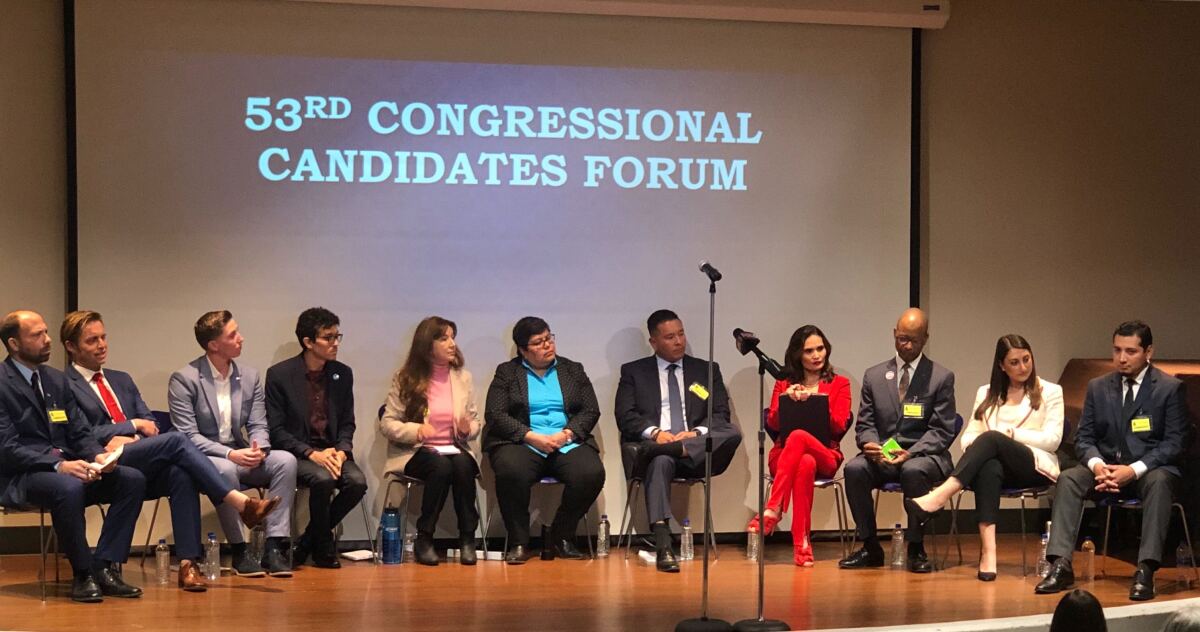 Candidates for the 53rd Congressional District attended a forum Saturday, Jan. 25, 2020. Candidates included, from left to right, Eric Kutner, Michael Patrick Oristian, Janessa Goldbeck, Jose Caballero, Suzette Santorini, Georgette Gomez, Fernando Garcia, Famela Ramos, John Brooks, Sara Jacobs and Joaquin Vazquez.