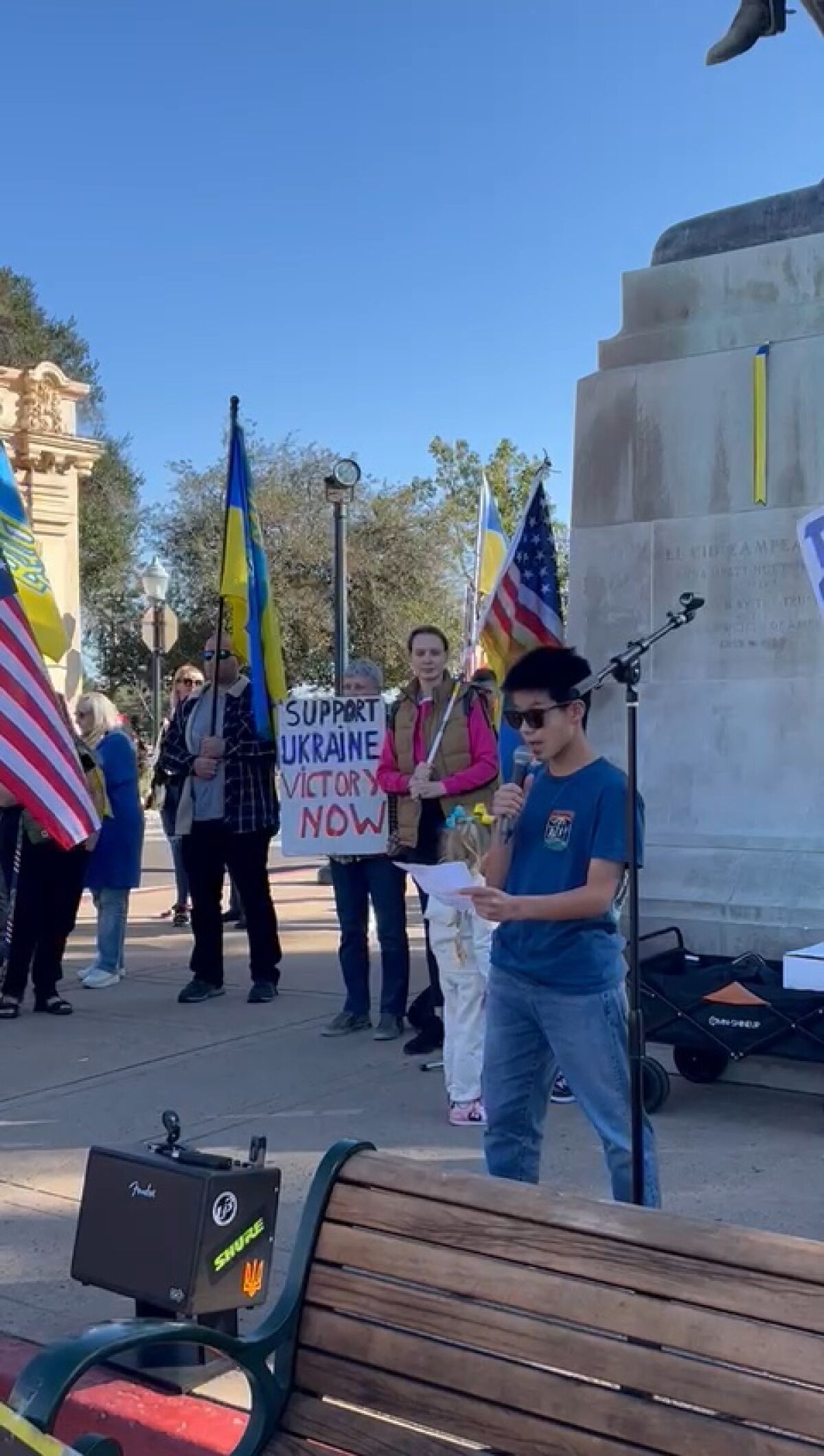 Andy Jung speaking at the recent support rally in Balboa Park for Ukraine.