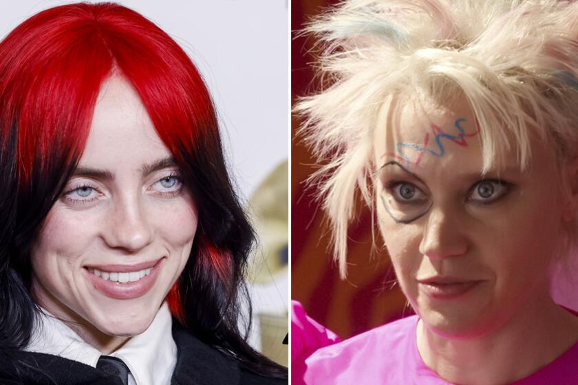 Billie Eilish, left, and Kate McKinnon as Weird Barbie in the movie "Barbie."