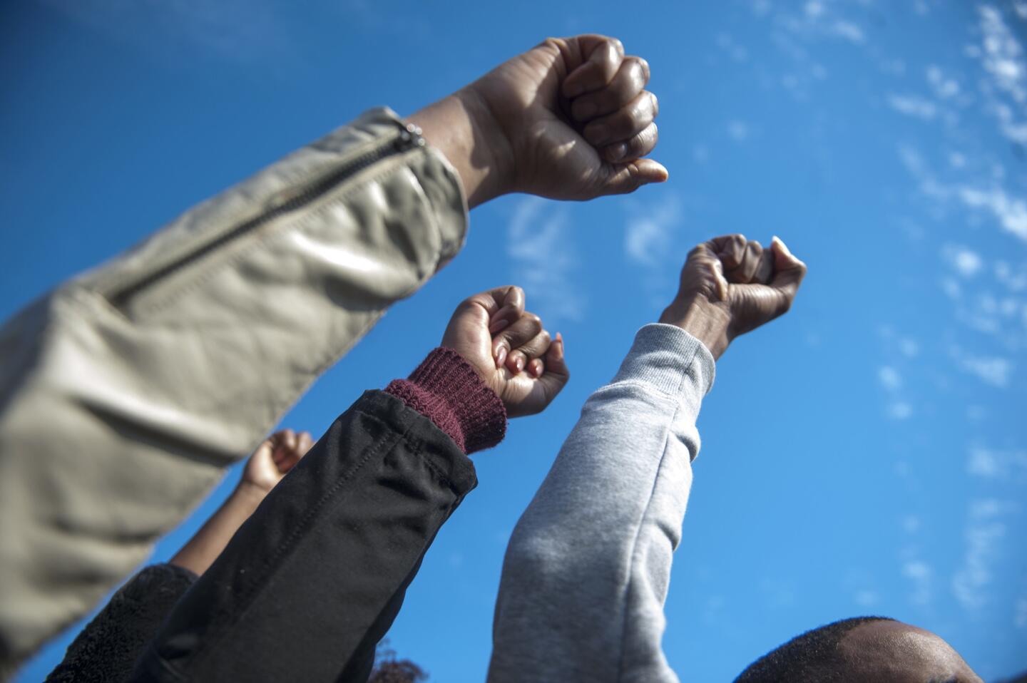 Protesters raise their fists to celebrate University of Missouri System President Tim Wolfe's resignation during a Concerned Students 1950 rally on Nov. 9, 2015, in Columbia, Mo.