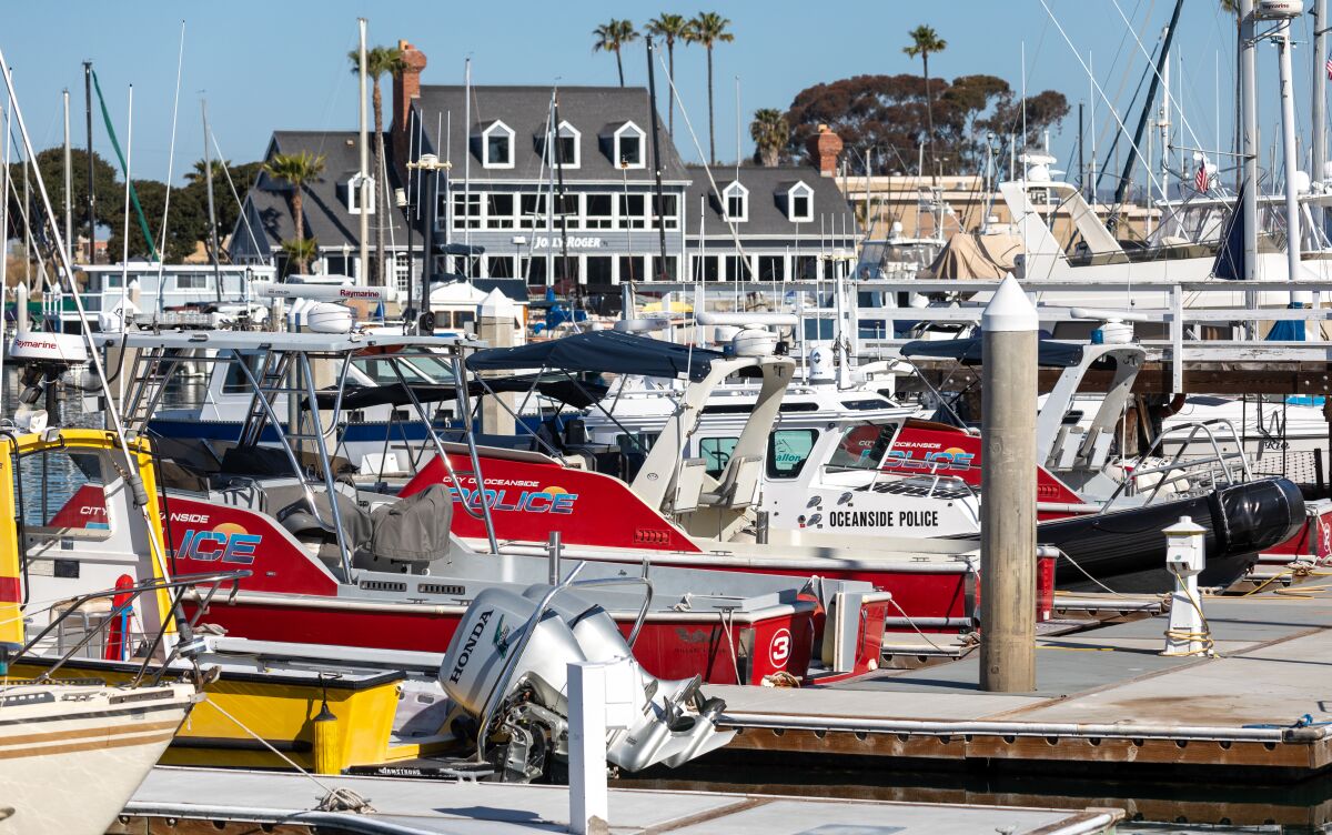 Oceanside harbor police boats are docked near their headquarters along North Harbor Drive earlier this year.