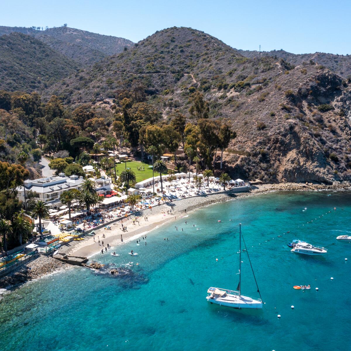 An aerial view of boats moored at Descanso Beach Club on Catalina Island. 