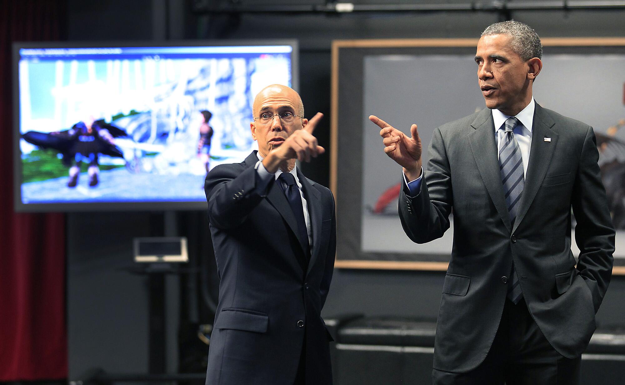 Jeffrey Katzenberg taking President Obama on a tour of a DreamWorks motion graphics stage 