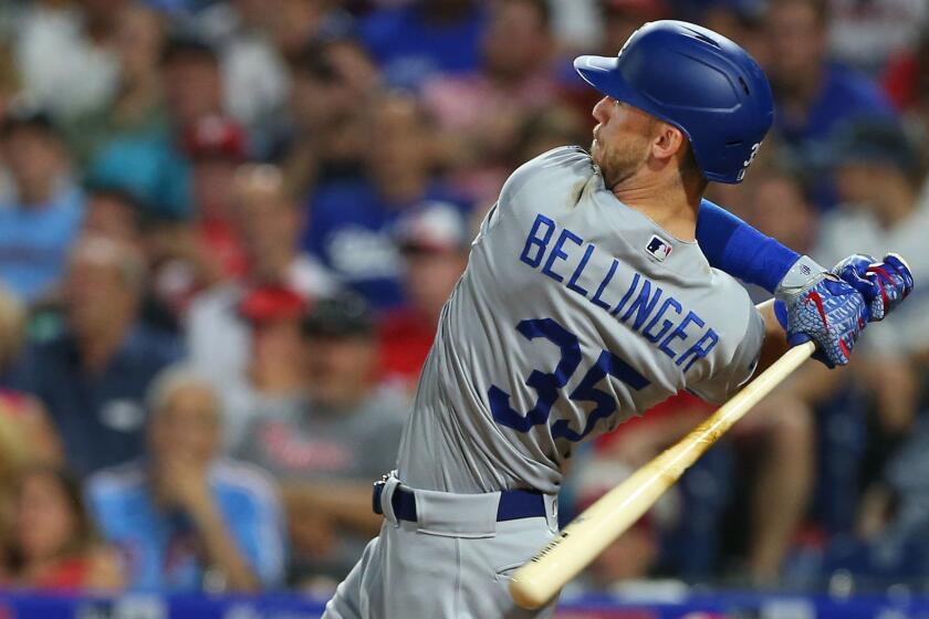 PHILADELPHIA, PA - JULY 15: Cody Bellinger #35 of the Los Angeles Dodgers hits a home run against the Philadelphia Phillies during the fifth inning of a baseball game at Citizens Bank Park on July 15, 2019 in Philadelphia, Pennsylvania. (Photo by Rich Schultz/Getty Images) ** OUTS - ELSENT, FPG, CM - OUTS * NM, PH, VA if sourced by CT, LA or MoD **