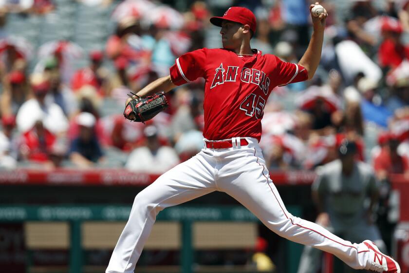 Tyler Skaggs of the Angels works into the sixth inning and holds Boston scoreless.