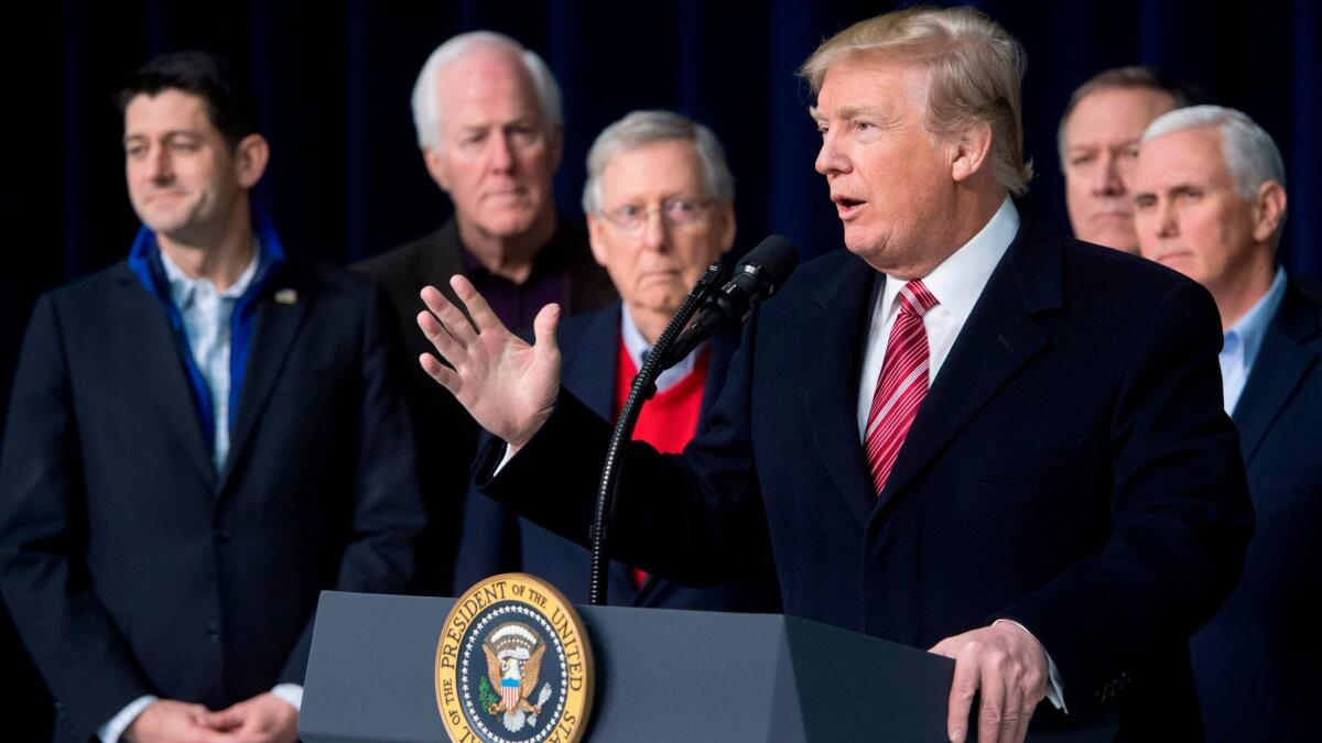 President Trump speaks during a retreat with Republican lawmakers and members of his Cabinet at Camp David in Maryland on Jan. 6, 2018.