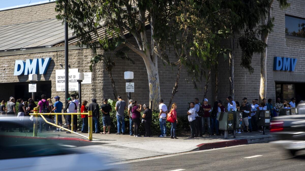 A line of people wait to be helped at a California Department of Motor Vehicles office.