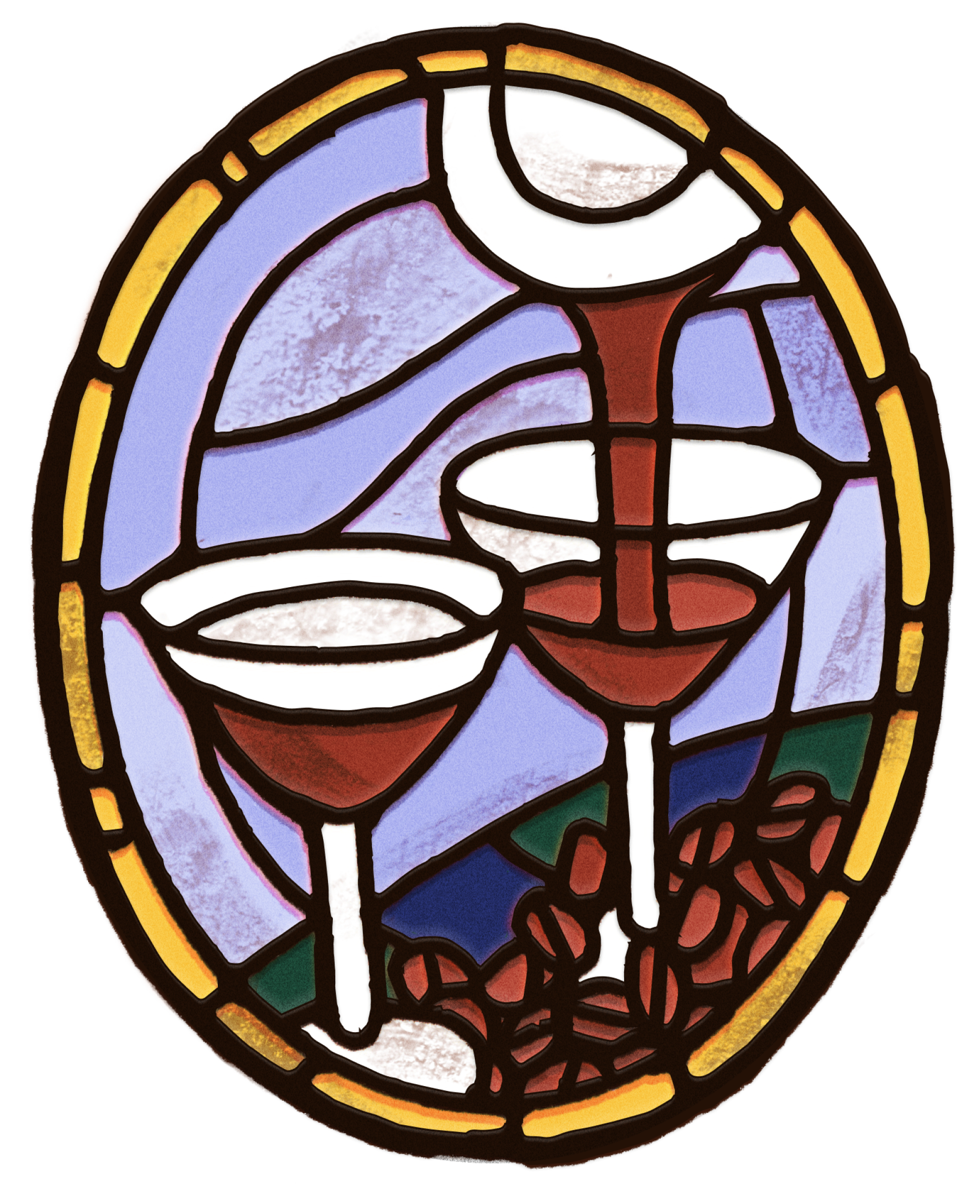 An illustration in stained-glass style of pouring an espresso martini into two glasses