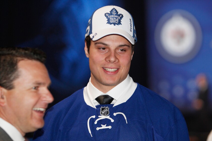 Auston Matthews gives an interview after being selected first overall by the Toronto Maple Leafs in the 2016 NHL Draft.