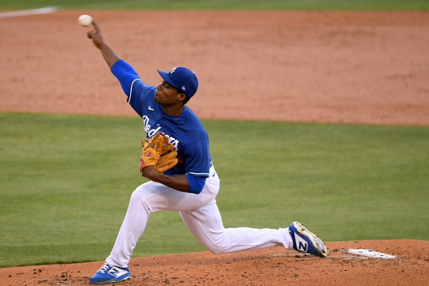 Dodgers prospect Josiah Gray pitches against the Angels during a preseason game July 21 at Dodger Stadium.