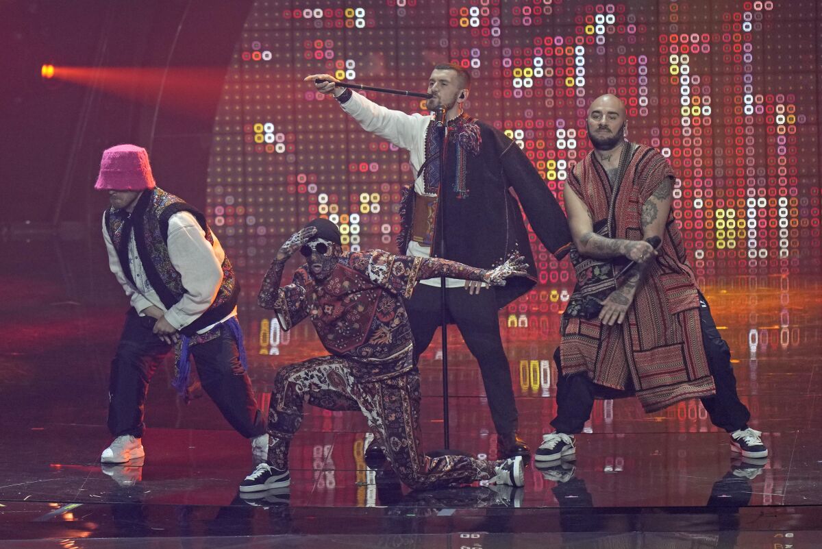 Kalush Orchestra perform during the grand final of the Eurovision Song Contest at the Palaolimpico arena, in Turin, Italy.