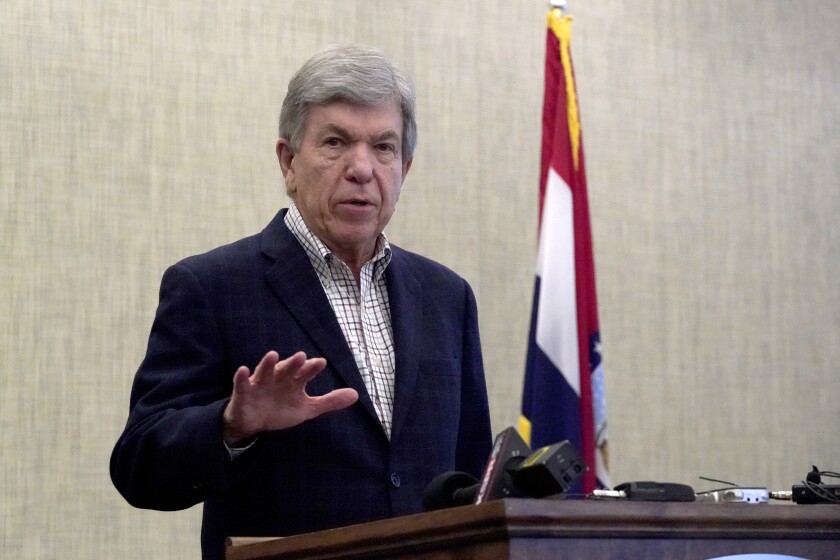 In this March 8, 2021, photo, Sen. Roy Blunt, R-Mo., holds a news conference at Springfield-Branson National Airport as he announces he will not seek a third term in the U.S. Senate in 2022. (AP Photo/Jeff Roberson)