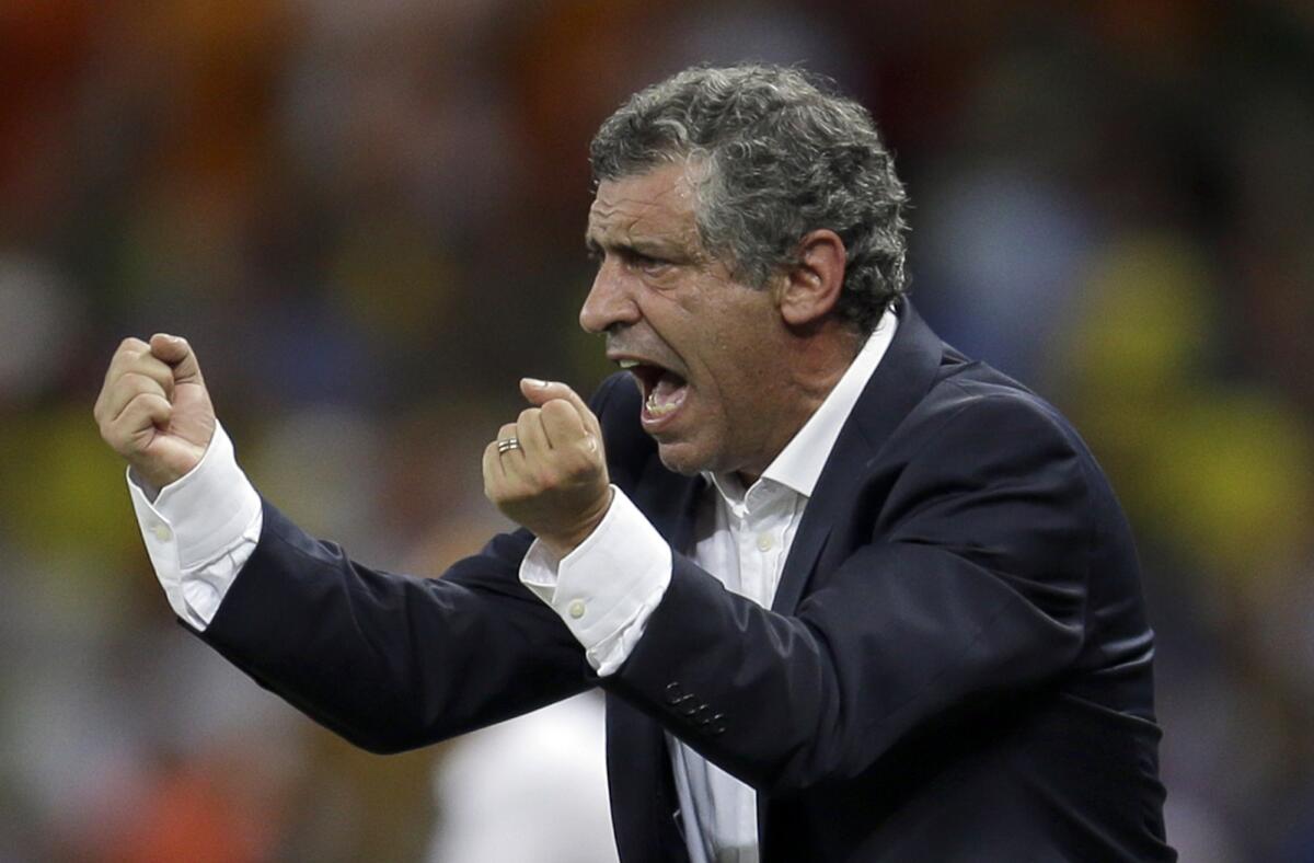 Greece Coach Fernando Santos shouts instructions to his players during the World Cup.