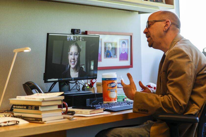 CLAREMONT, CA - APRIL 24: Jon Shields, associate professor of government, holds a class over internet vis Zoom at Claremont McKenna College. Claremont, CA. (Irfan Khan / Los Angeles Times)