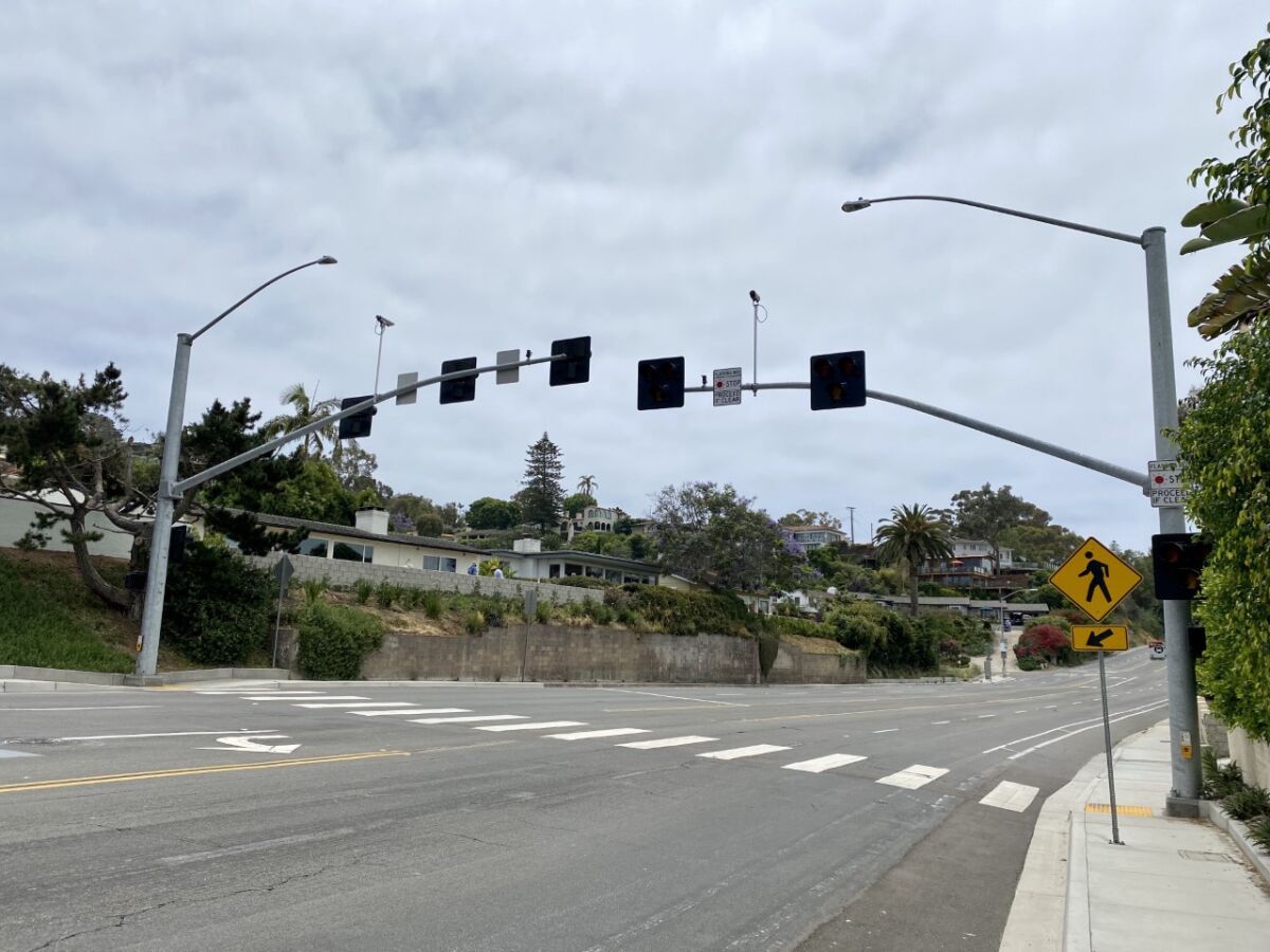 A HAWK beacon is on Torrey Pines Road between Amalfi and Princess streets. 