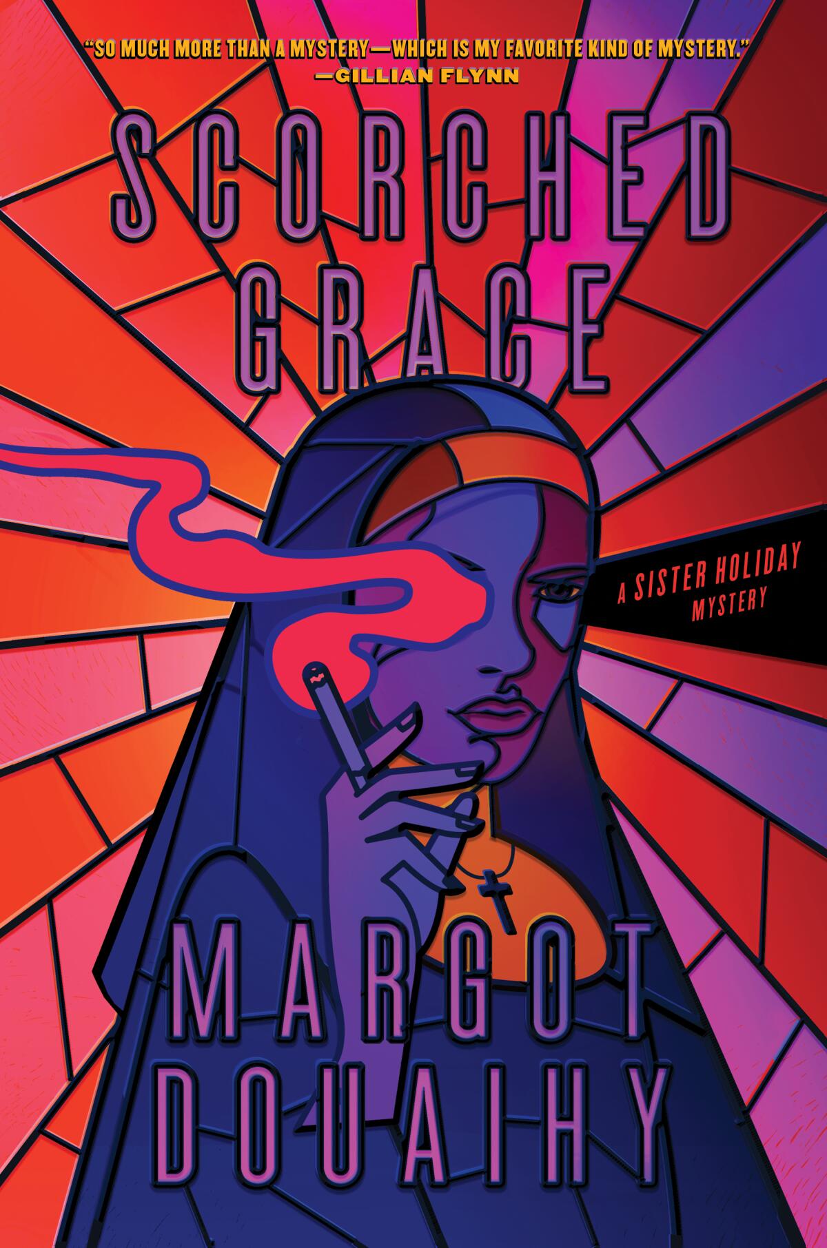 'Scorched Grace' book cover of a nun smoking a cigarette in a stylized stained-glass image