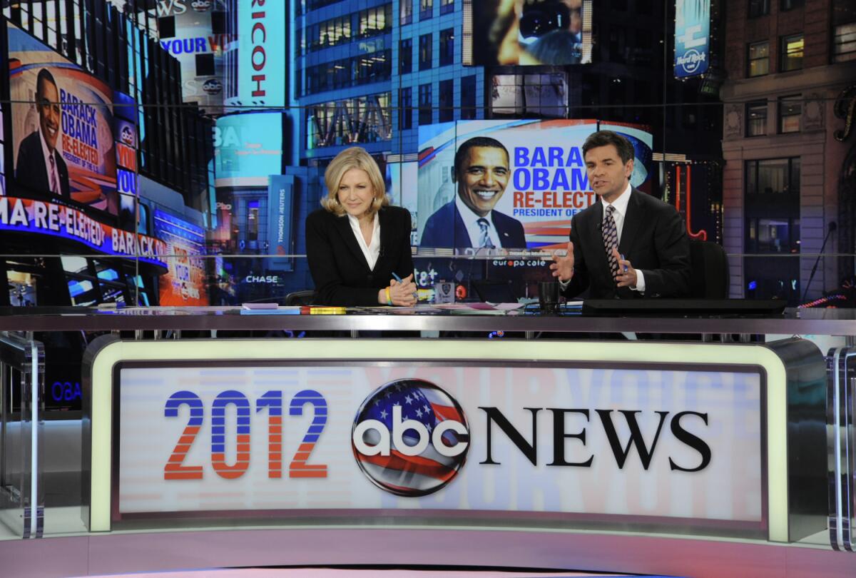 A Pew Hispanic Center study found that more Latinos are getting their news from English-language sources. Above, Diane Sawyer and George Stephanopoulos during election night Nov. 7, 2012, from ABC News' Times Square Studios in New York.