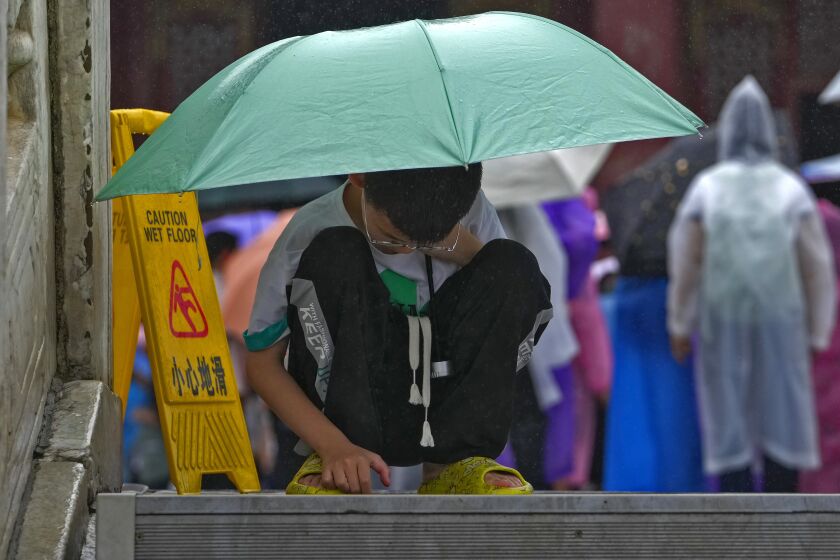 Un niño se protege de la lluvia con un paraguas mientras revisa un celular, en el piso de la Ciudad Prohibida de Beijing, el 13 de julio de 2023. (AP Foto/Andy Wong)