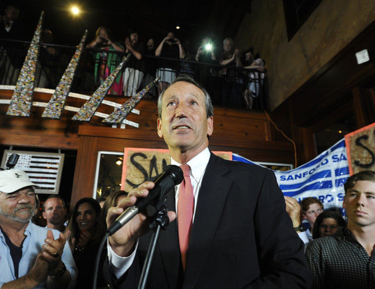 Mark Sanford gives his victory speech after wining back his old congressional seat in South Carolina on Tuesday.