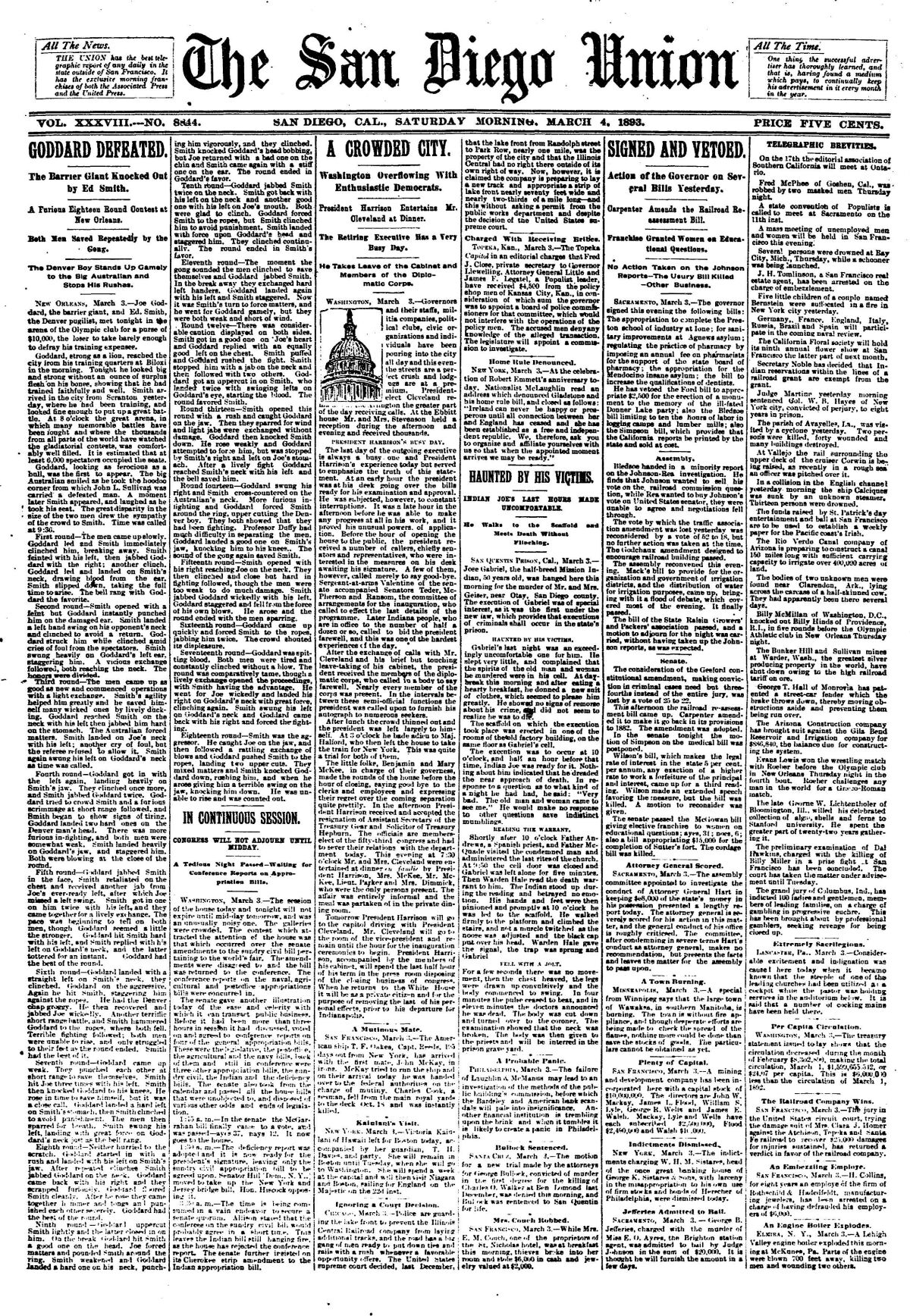 Front page of The San Diego Union, March 4, 1893.