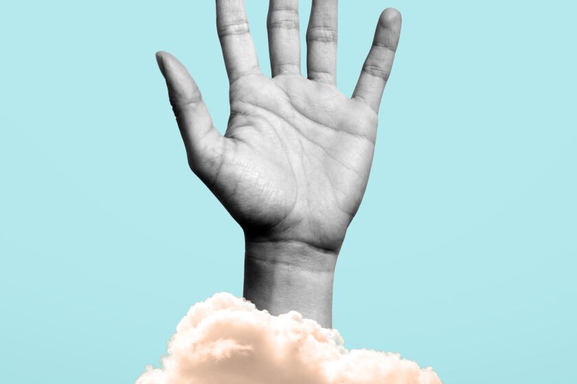 photo illustration of a left hand raising from a sepia toned cloud on a pale blue background.