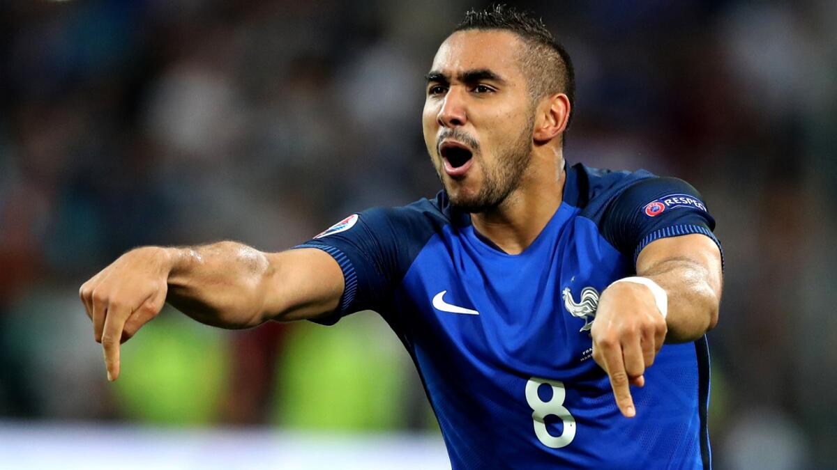 Dimitri Payet celebrates after scoring France¿s second goal against Albania in a Euro 2016 Group A game Wednesday.