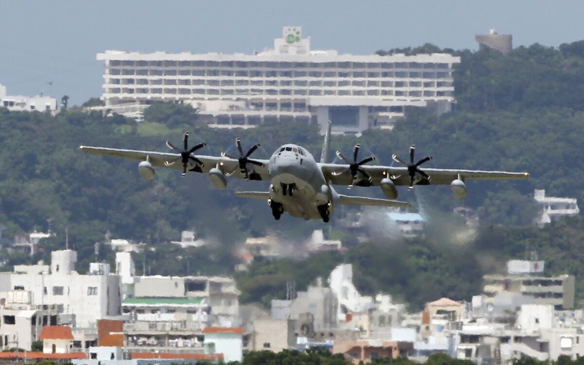 A plane takes off from the U.S. Marine Corps base in Okinawa