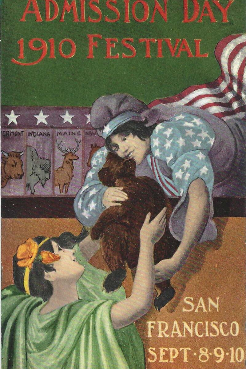 A woman with poppies in her hair hands a bear cub to a woman wearing American flag garb.