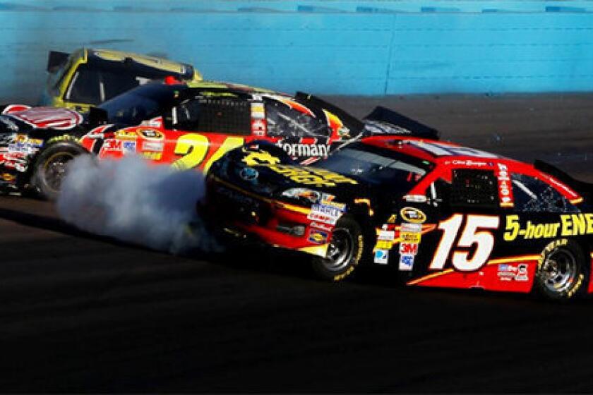Clint Bowyer (15) and Jeff Gordon (24) collide on track.