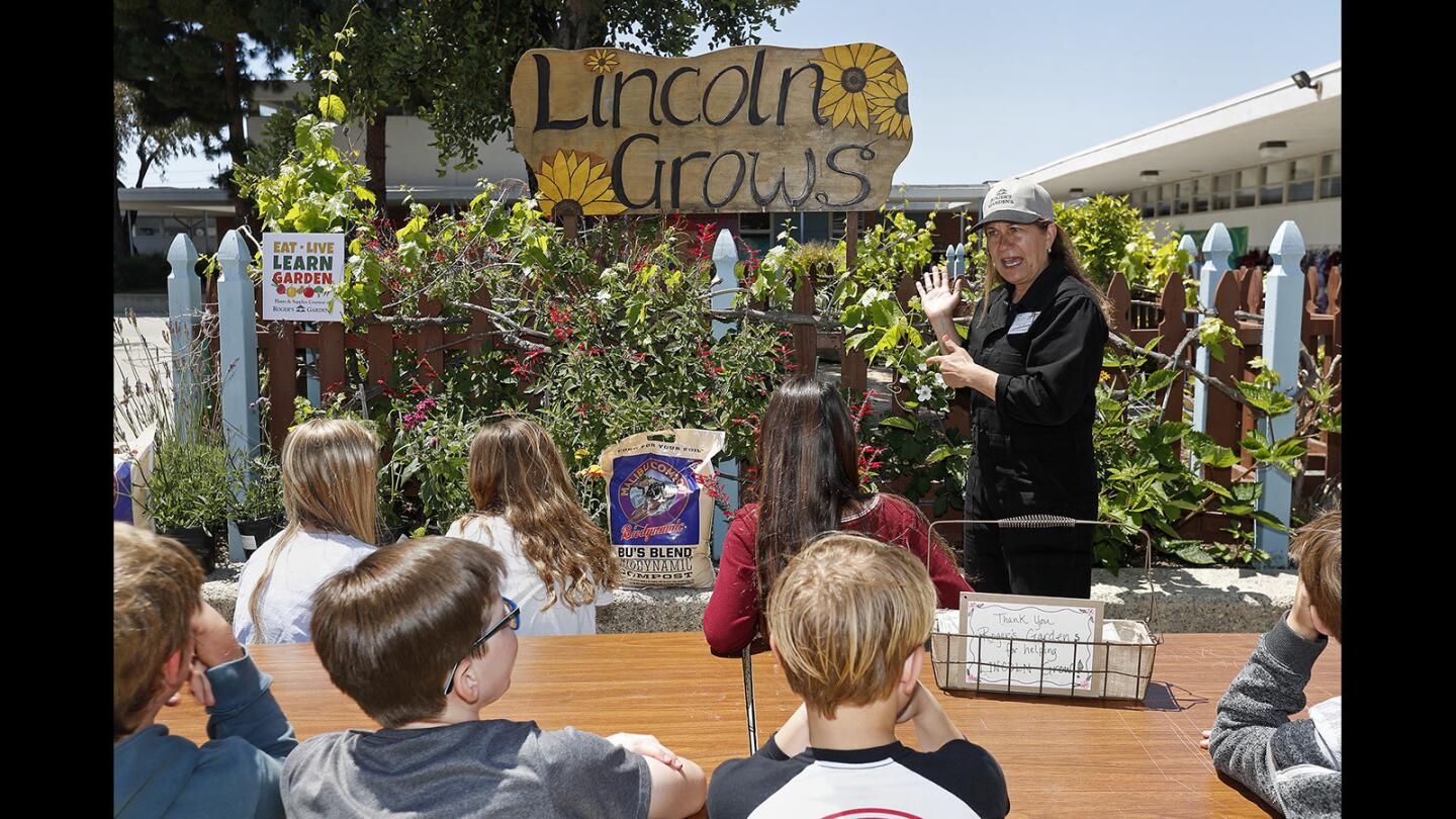 Roger's Gardens horticulturist Suzanne Hetrick speaks to Lincoln Elementary School students at the campus garden during a school Earth Week event Wednesday in Corona del Mar.