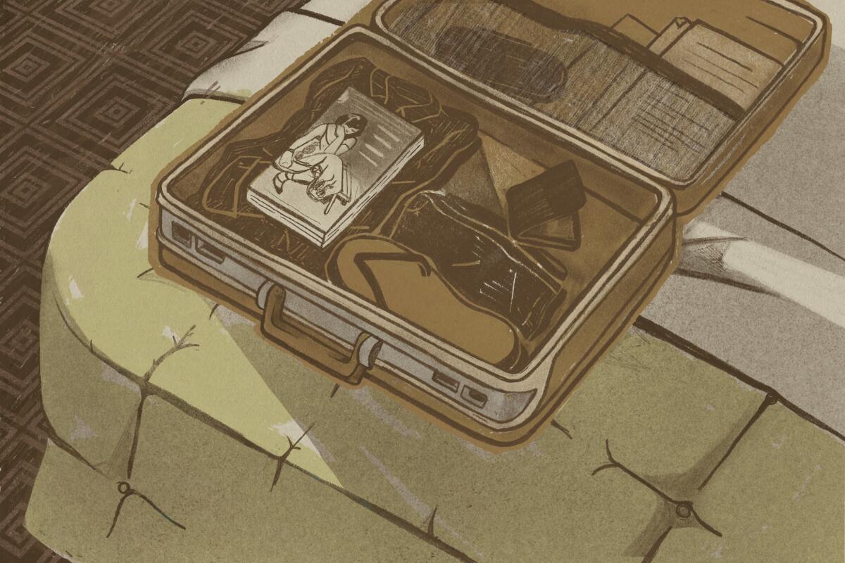 Illustration of an open briefcase on a hotel bed. A book lies on top of other items in the case.