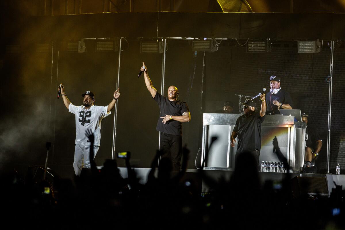 Ice Cube is joined by Dr. Dre, MC Ren and DJ Yella, from left, during weekend two of Coachella in Indio, Calif., on April 23.